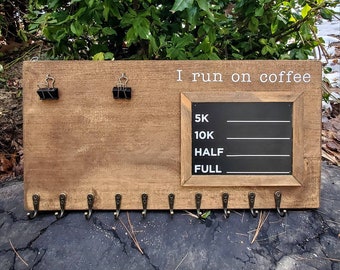 I Run on Coffee Wooden Running Medal Holder, Running Accessories, Gifts for Runners, Marathon Medal Display, Hand Painted Rustic Race