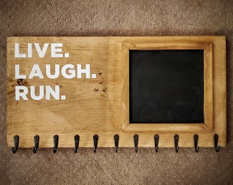 Live Laugh Run Wooden Running Medal Holder, 5k, 10k, marathon, Gifts for Runners, Marathon Medal Display, Hand Painted, chalk, rustic