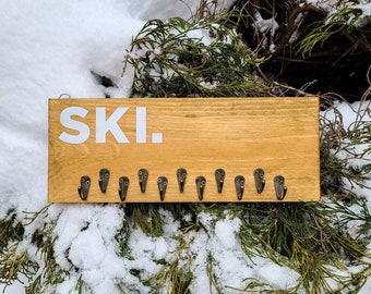SKI Wooden Badge & Medal Holder, Race Accessories, Gifts for Skier, Medal Display, Hand Painted Rustic Wall Art, Winter Sport, Mountain