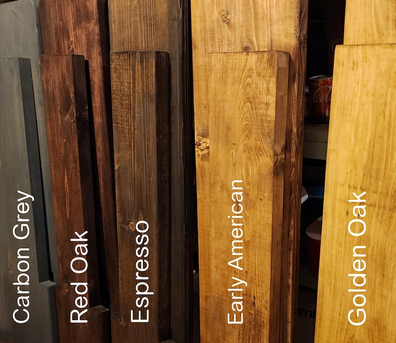 May include: Five wood samples stained in different colors: Carbon Grey, Red Oak, Espresso, Early American, and Golden Oak.