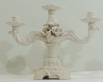 Bougeoir,Chandelier à 3 branches,porcelaine/Barbotine /vintage