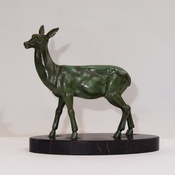 Statuette Biche régule sur socle en marbre /vintage