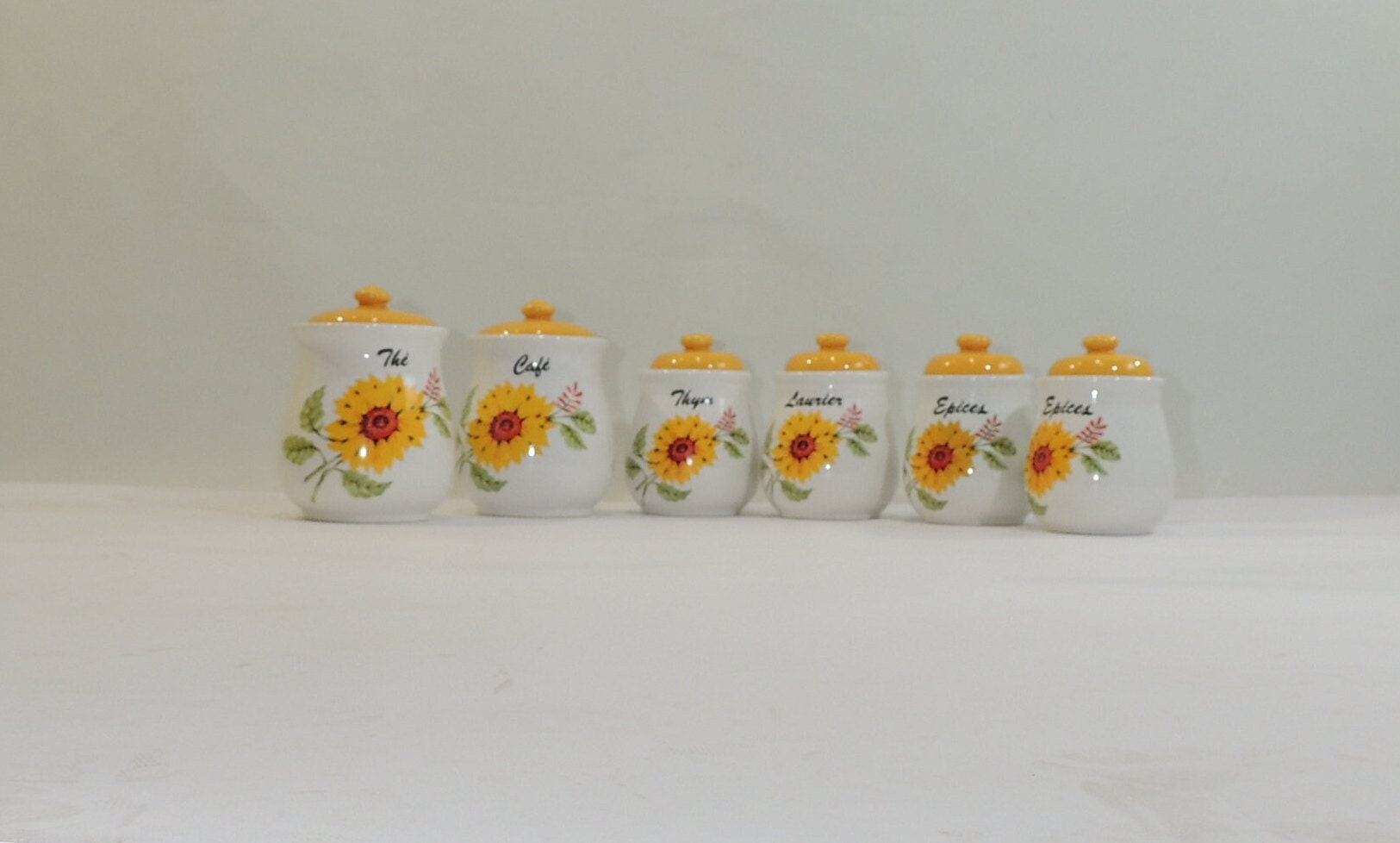 lot de six pots en céramique vernissé décor floral /pots à épices/vintage