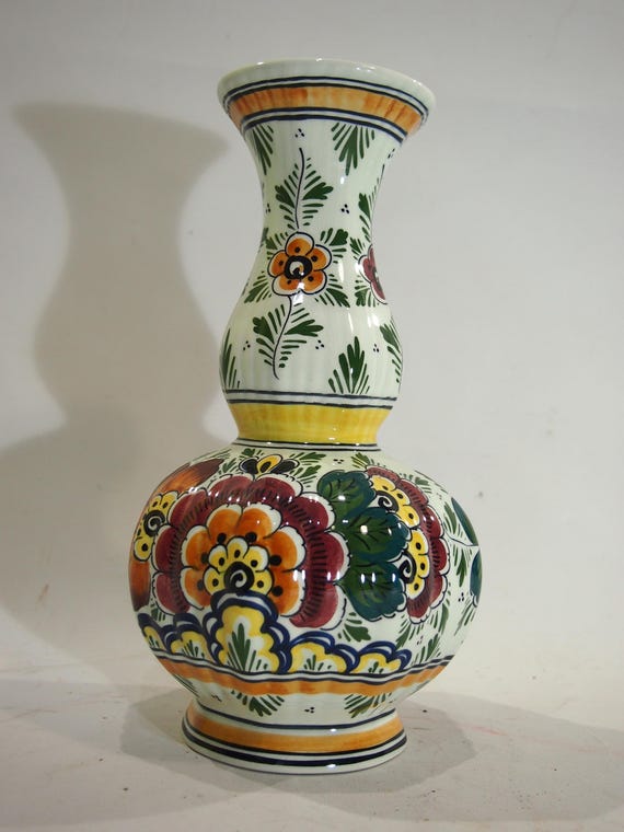 デルフト オランダ　壺　花瓶　美品 オランダのデルフト陶器のヴィンテージ手描き多色花瓶、花柄