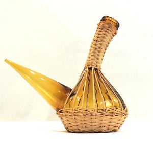 Porron/Vintage Amber Blown Glass and Braided Wicker Carafe - 1970s