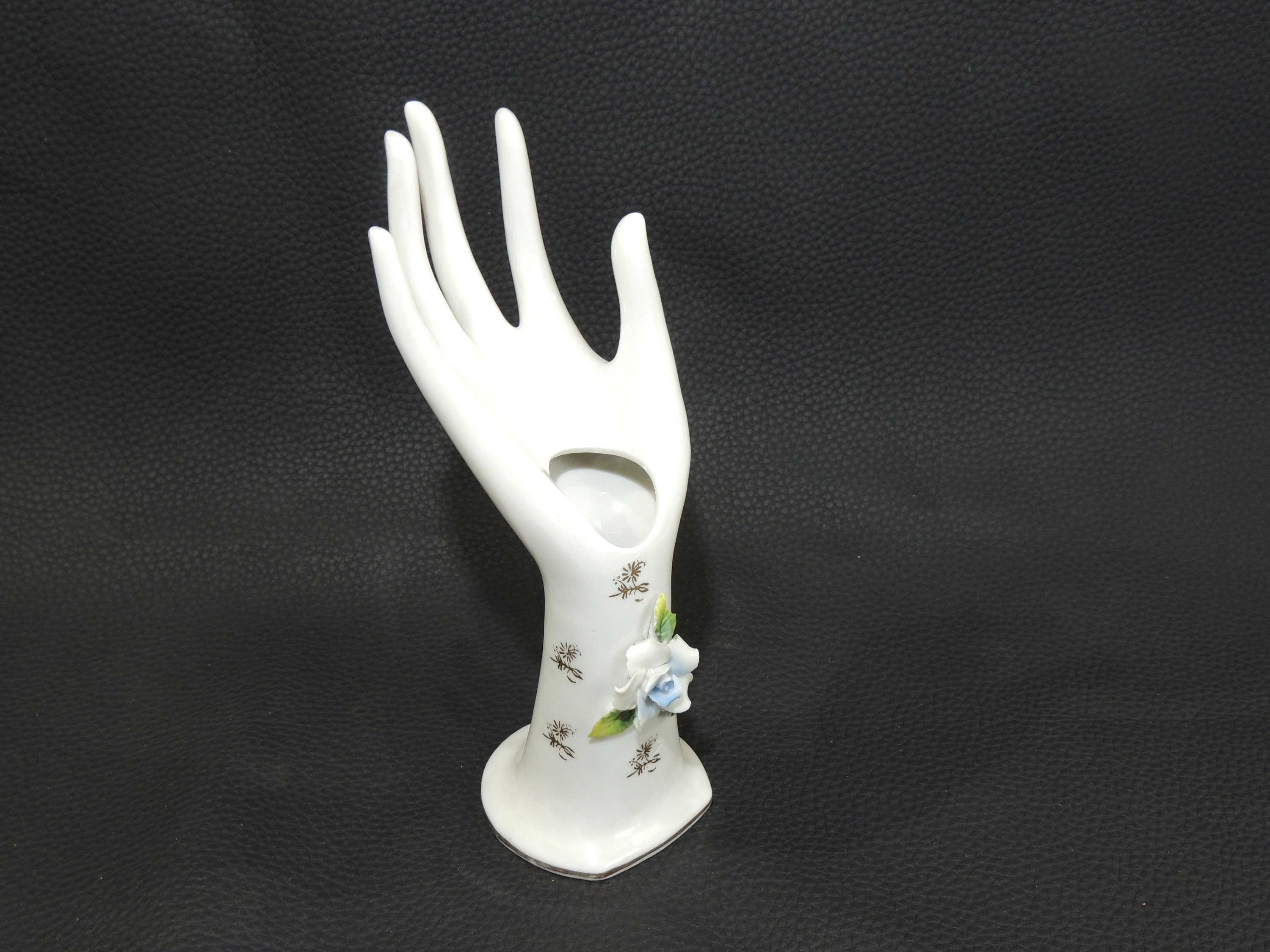 Main Céramique/Porte Bagues, Bijoux/Vase Soliflore/Vintage Français 60-70 Blanc Décor Fleurs