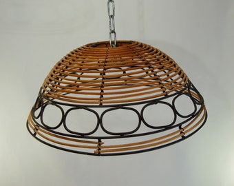 Rattan and wrought iron pendant light / Vintage