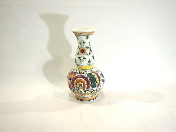 オランダのデルフト陶器のヴィンテージ手描き多色花瓶、花柄