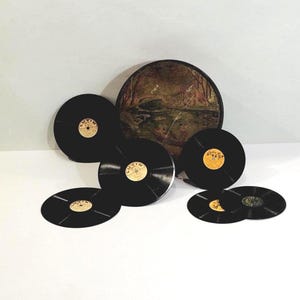 Op de afbeelding: Een verzameling zwarte vinylplaten van verschillende formaten, met gouden en bruine labels. Achter de platen bevindt zich een groot, rond, ingelijst kunstwerk met een landschapsscène. De platen zijn gerangschikt op een wit oppervlak.