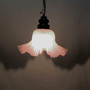 Vintage pink opaline glass pendant light – Art Deco tulip, brass and wood, antique lighting
