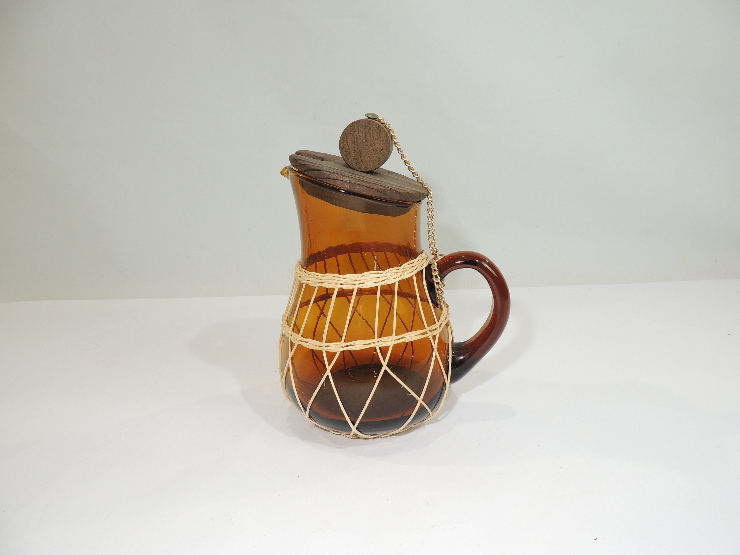 HAVING A PARTY? MidCentury Sangria Pitcher & 6 Glasses Handblown Amber Spain