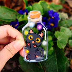 Cute Black Cat Sticker | Bottle Cat | Transparent Starry Bottle | 3.5" x 1.6" Sticker | Cat Stationary | Clear Sticker