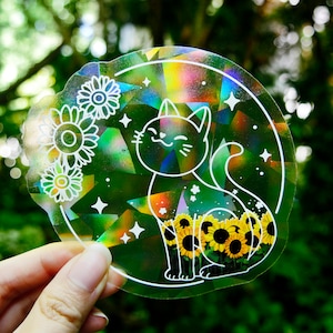 Rainbow Suncatcher | Sunflower Cat | Holographic Clear Sticker | Prismatic Transparent Sticker | Cute Cat Sticker | Window Decal
