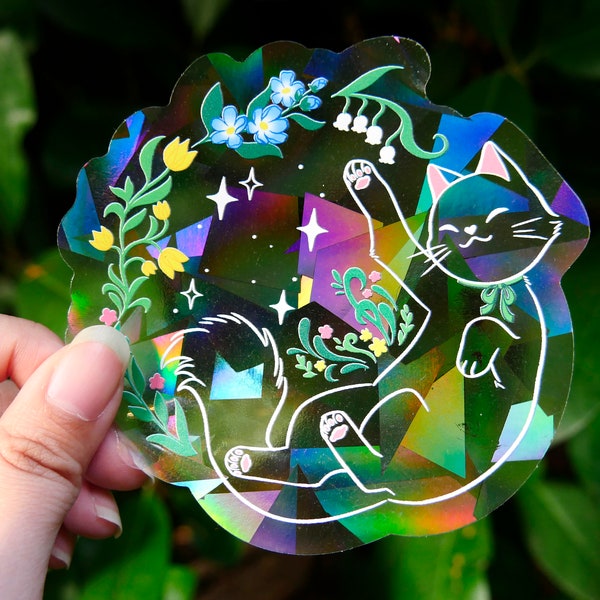 Rainbow Suncatcher | Blooming Kitten | Holographic Clear Sticker | Prismatic Transparent Sticker | Cute Cat Sticker | Window Decal