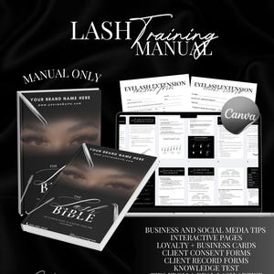 Può includere: Immagine in bianco e nero con un manuale di formazione sulle ciglia e risorse digitali. Il manuale, intitolato "The Lash Bible", mostra un primo piano di occhi. Uno schermo di un laptop mostra moduli di estensione delle ciglia e contenuti didattici. Il testo "Lash Training Manual" è incluso.