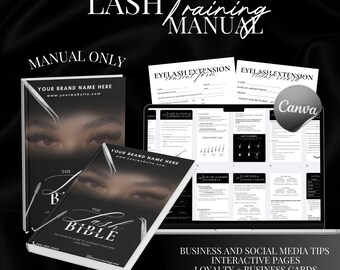 May include: A black and white image featuring a lash training manual and digital resources. The manual, titled "The Lash Bible," displays a close-up of eyes. Accompanying the manual is a laptop screen with lash extension forms and educational content. The image includes the text "Lash Training Manual."
