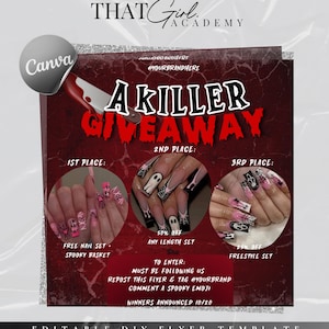 以下が含まれることがあります： 「A Killer Giveaway」というテキストと、ハロウィーンをテーマにしたネイルアートの画像が載った赤と黒のチラシ。チラシでは、無料のネイルセット、長さのセットが50％オフ、フリースタイルのセットが25％オフとなっています。参加するには、アカウントをフォローし、チラシを再投稿し、アカウントをタグ付けし、不気味な絵文字でコメントしてください。当選者は10月20日に発表されます。