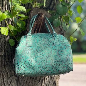 Turquoise Rose Handbag / Embossed leather / hand made / hand stitched / one of a kind unique gift for her