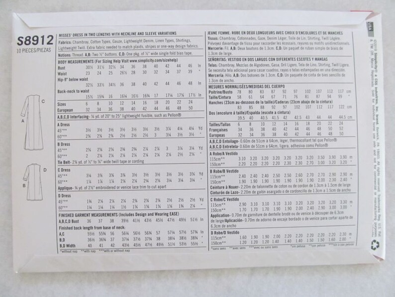 UNCUT /& FF Misses Dress in Two Lengths Pattern Misses Dress Pattern 10 Pieces Simplicity S8912 Sizes 16-24