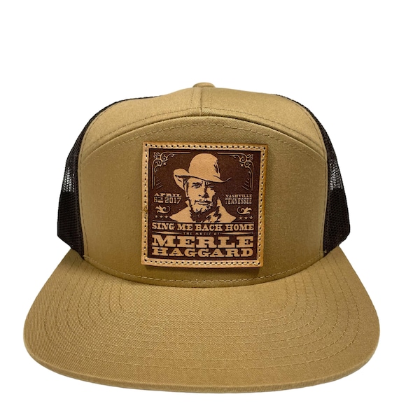 Leather patch Merle Haggard Sewn on a 7 panel Mesh Trucker Hat Cap