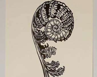 Hand carved and printed Limited Edition linocut Koru print - 14" h x 8" w