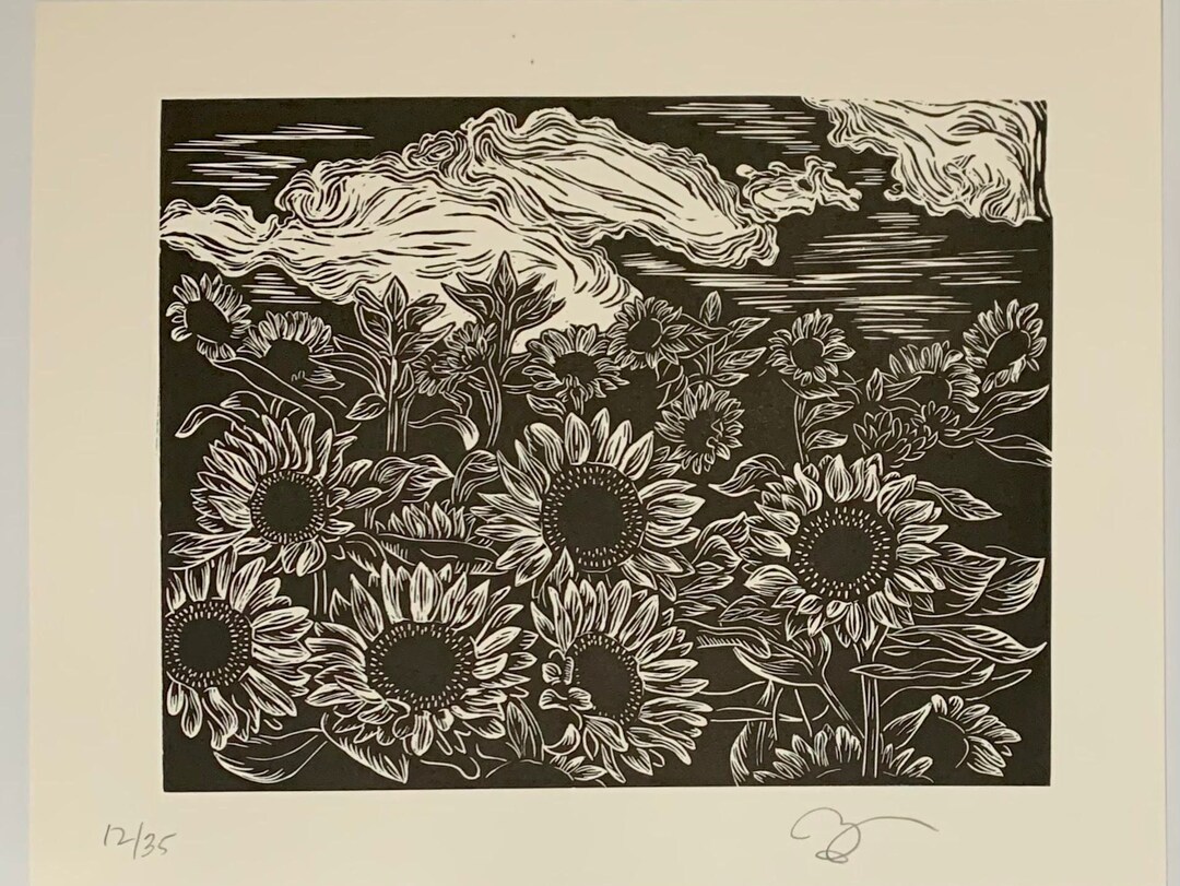 Hand Carved and Printed Limited Edition Linocut Sunflower Field Print ...