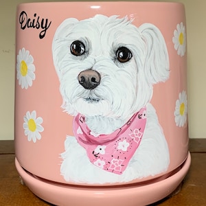Puede incluir: Maceta de cerámica rosa con un retrato pintado a mano de un perro blanco con una bandana rosa. La maceta tiene un diseño de margaritas blancas y el nombre "Daisy" está escrito en letras negras.