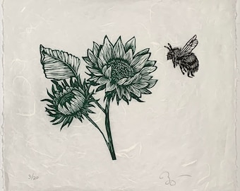 Hand carved and printed Limited Edition linocut Bee and Sunflower Print - 12 1/2" h x 14 1/2" w