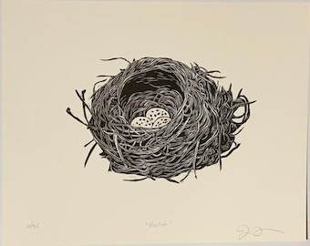 Hand carved and printed Limited Edition Nest with Eggs print - 11" h x 14" w