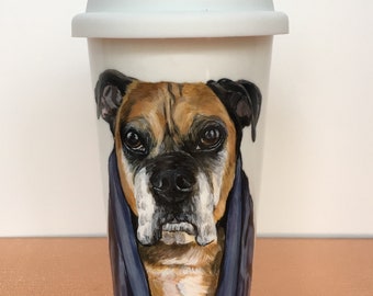 Custom hand painted pet portrait ceramic travel mug