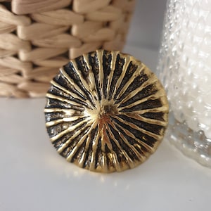 May include: A gold-toned metal knob with a sunburst design. The knob has a raised, textured surface and a circular shape.