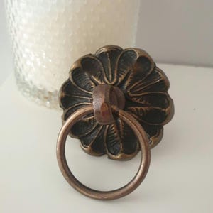 以下が含まれることがあります： 花柄の装飾的なブロンズ製のリングプル。リングプルは金属製で、濃い茶色の仕上げになっています。