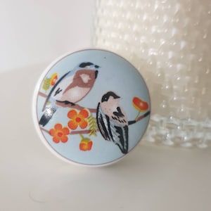 Peut inclure: Bouton décoratif rond bleu clair avec deux oiseaux perchés sur une branche avec des fleurs orange. Les oiseaux ont des marques marron, noires et blanches. Le bouton a une bordure blanche, probablement pour un tiroir ou une armoire.