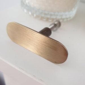 May include: A brushed gold oval cabinet knob with a silver screw.
