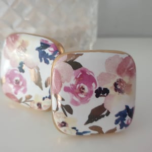 Handpainted Floral Ceramic Knob: Pink Rose & Gold Furniture Hardware
