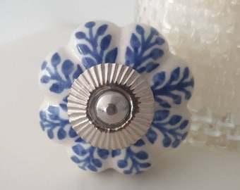 Blue Floral Ceramic Knob: Hand-Painted Porcelain Drawer Pull