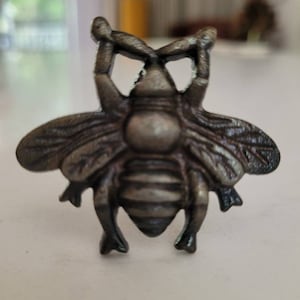 Può includere: Una maniglia per cassetto in metallo argentato a forma di ape. L'ape ha un design dettagliato con ali, gambe e un corpo segmentato.