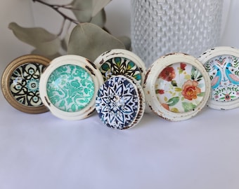 Distressed Metal & Glass Knobs: Floral Damask Cabinet Hardware
