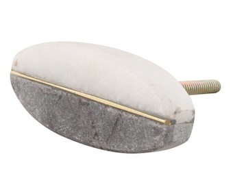 White & Grey Marble Oval Cabinet Knob - Brass Accent Furniture Hardware
