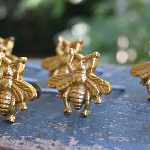 May include: Six gold bee-shaped drawer pulls with detailed wings and legs. The pulls are on a blue wooden surface.