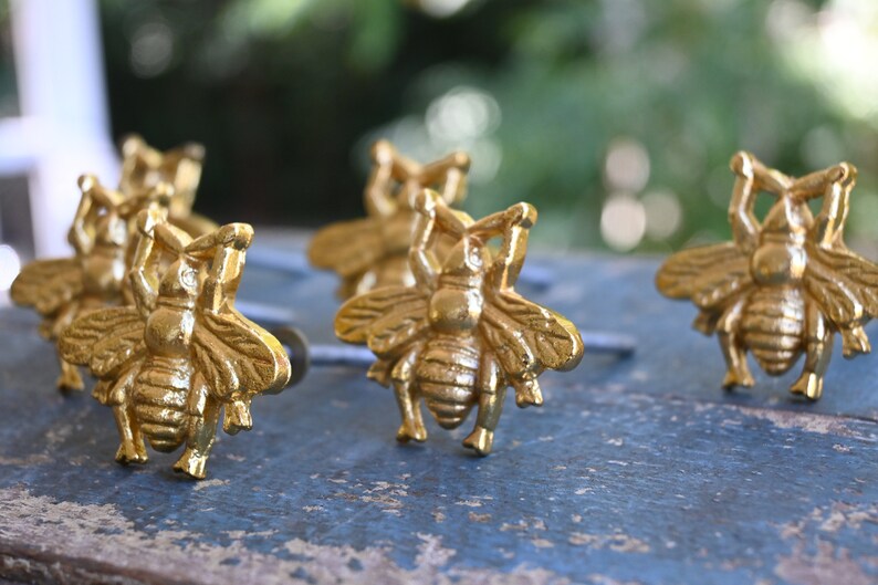 May include: Six gold bee-shaped drawer pulls with detailed wings and legs. The pulls are on a blue wooden surface.