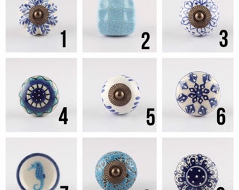 1x  Kitchen Cupboard Door Knobs in White with Blue Floral Print ,Modern Traditional Flower Ceramic Cabinet Handle or Dresser Drawer Pull