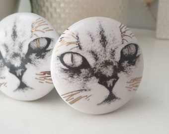 Hand-Painted Cat Ceramic Knob: Gold Accent Furniture Hardware