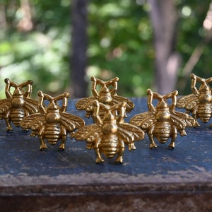 May include: Six gold bee-shaped drawer pulls. The pulls are arranged in a row on a wooden surface.