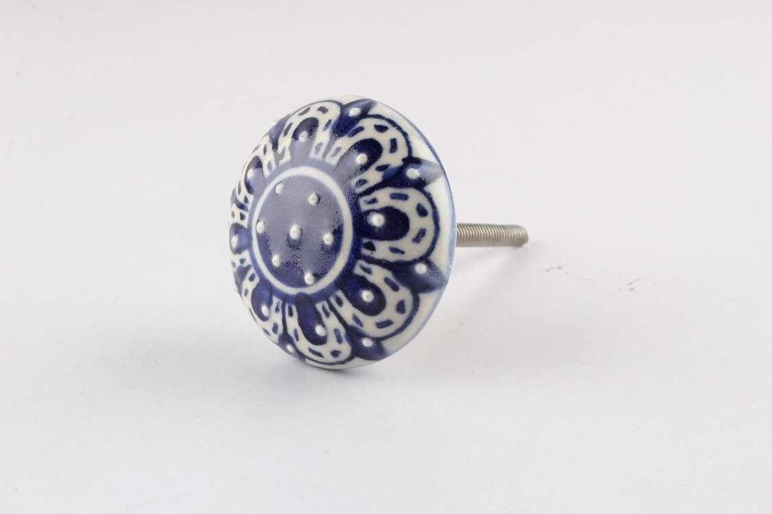 Set of 6 Kitchen Cupboard Door Knobs in White with Blue Floral Etsy