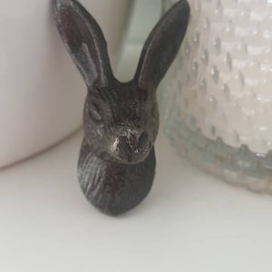 Op de afbeelding: Een zwart gietijzeren konijnenkopbeeldje. Het konijn heeft lange oren en een gedetailleerd gezicht.