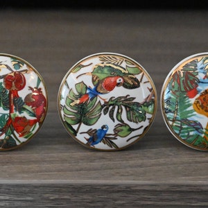 Handpainted Ceramic Bird & Jungle Animal Knob: Gold Accent Furniture Hardware