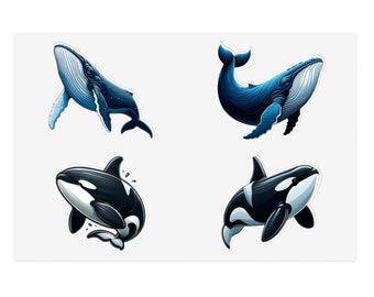 Whale Stickers 4 Images, 2X Humpback Stickers, 2X Orca Stickers, Humpback Whale and Orca Sticker Sheet.