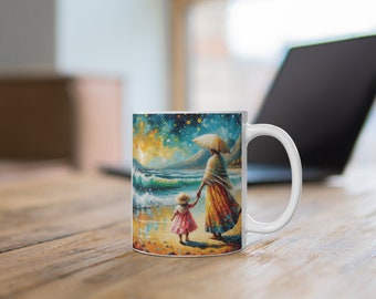 Vintage Oil and Paint Style Woman with Daughter at the Beach Mug, Colorful Mother and Daughter Image 11oz Mug, Mother's Day Gift.