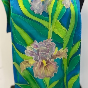 Iris Silk Scarf,  Turquoise & Blue Hues  Hand-painted on 100% silk charmeuse, 12&quot; x 60&quot;